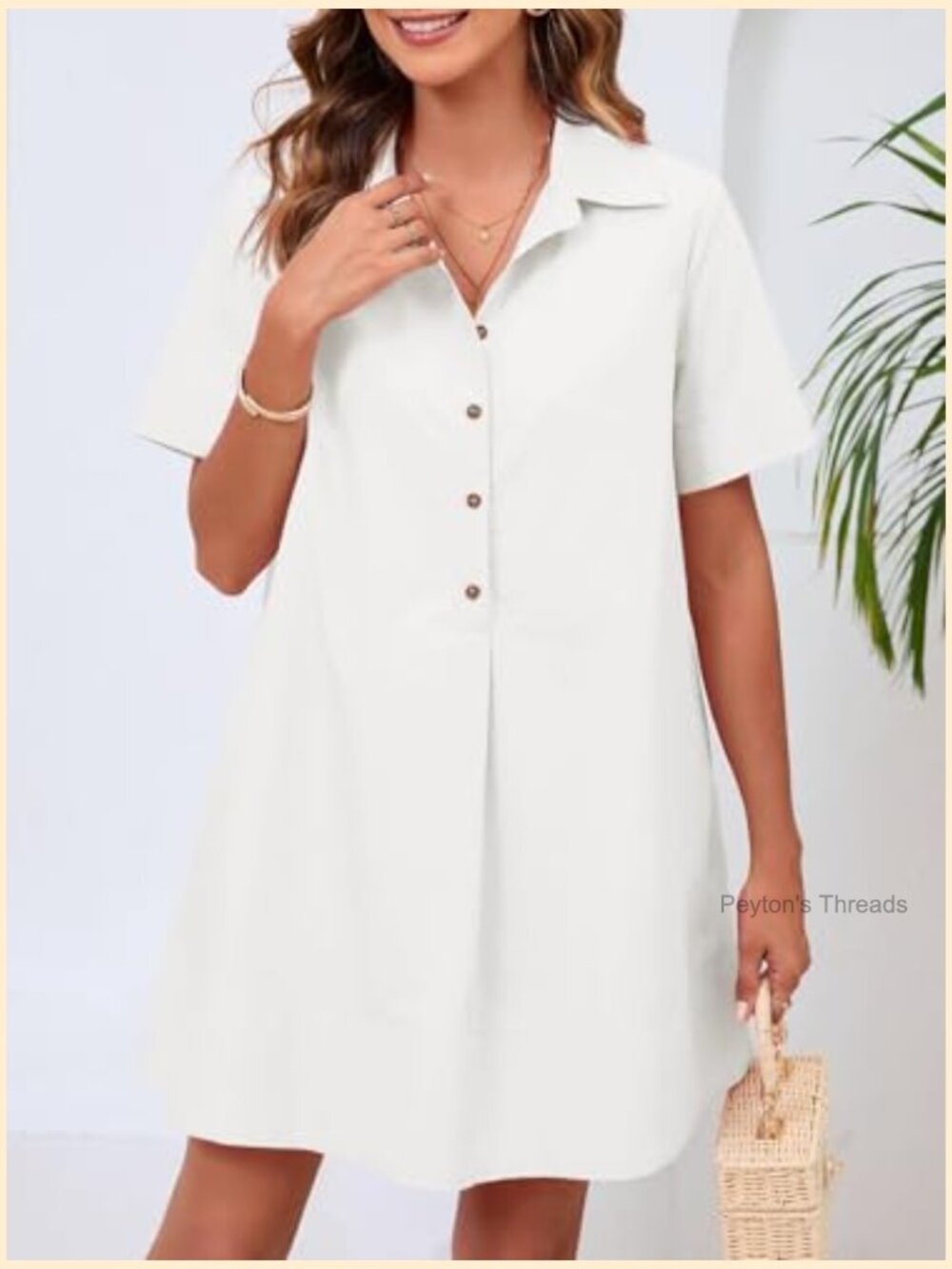 Oversized Button Mini Dress Short Sleeve Collared V Neck Summer Flow - Picture 3 of 7